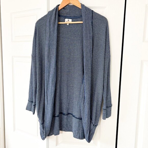 Anthropologie Sundry Brushed Fleece Cocoon Cardigan Blue White Stripe Size 1 - Picture 4 of 8